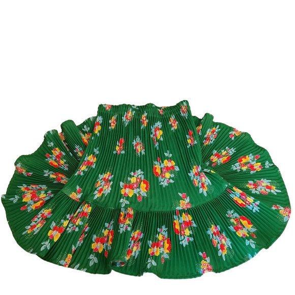 Homemade Green Floral Accordion Pleated Ruffle Hem Skirt Spring Summer Vintage - Picture 2 of 7